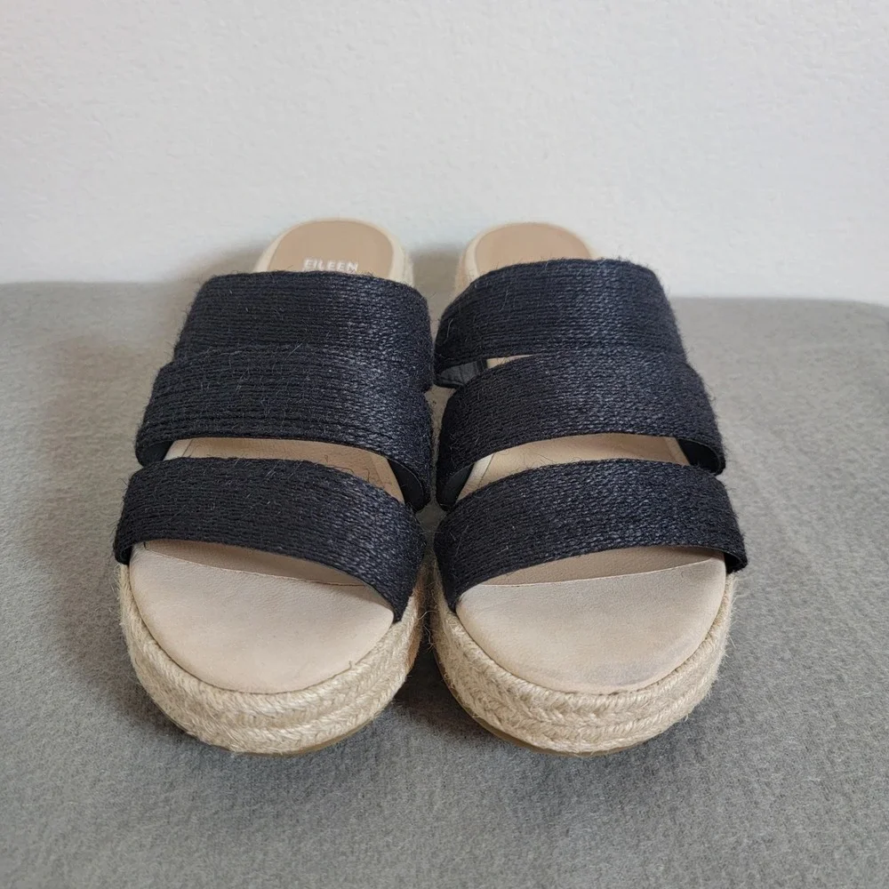 Eileen Fisher Mayla Black Jute Espadrille Platform Sandals Beach Coastal 8 EUC